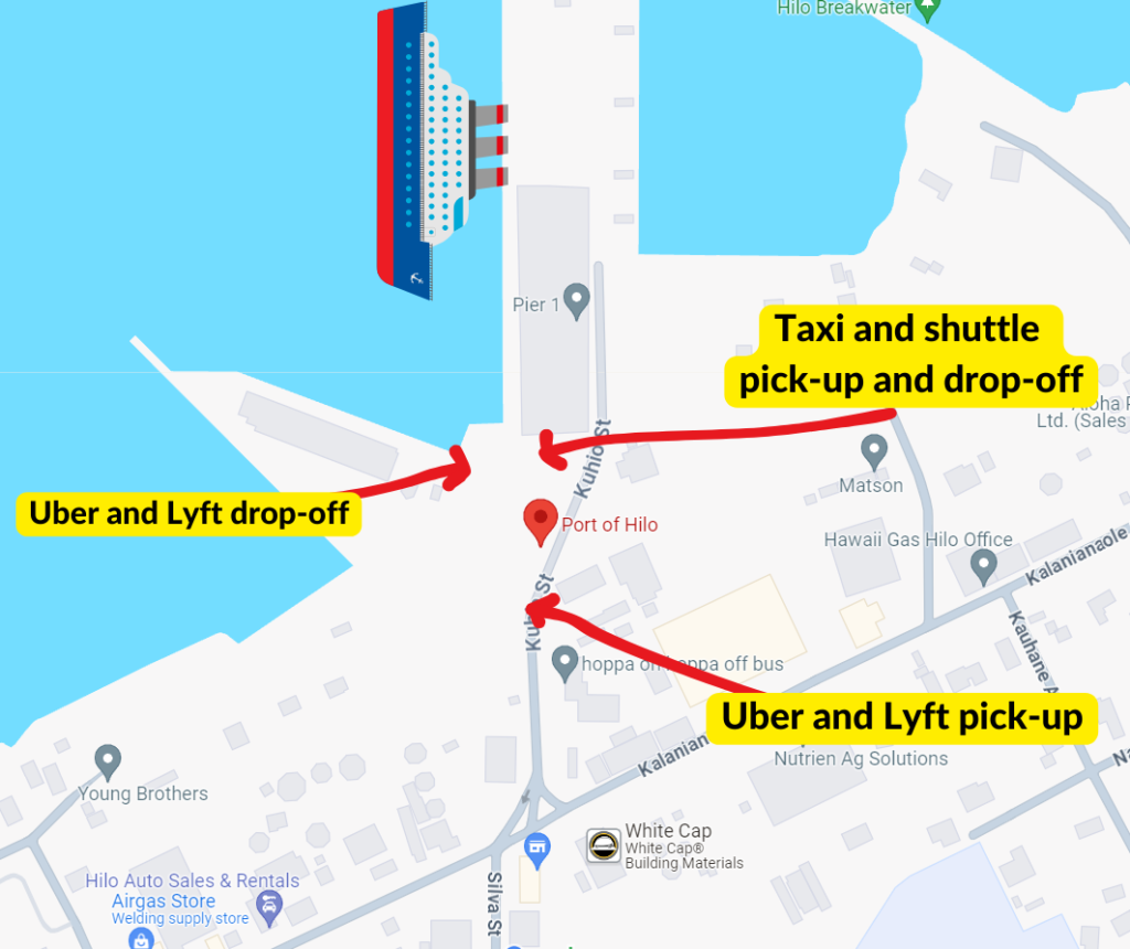Hilo Taxi, Uber and Lyft pick up map