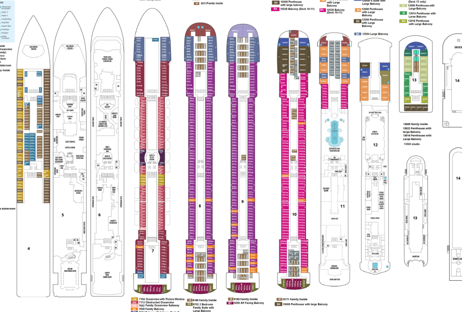 Pride of America's top-down cabin deck layouts for 2024
