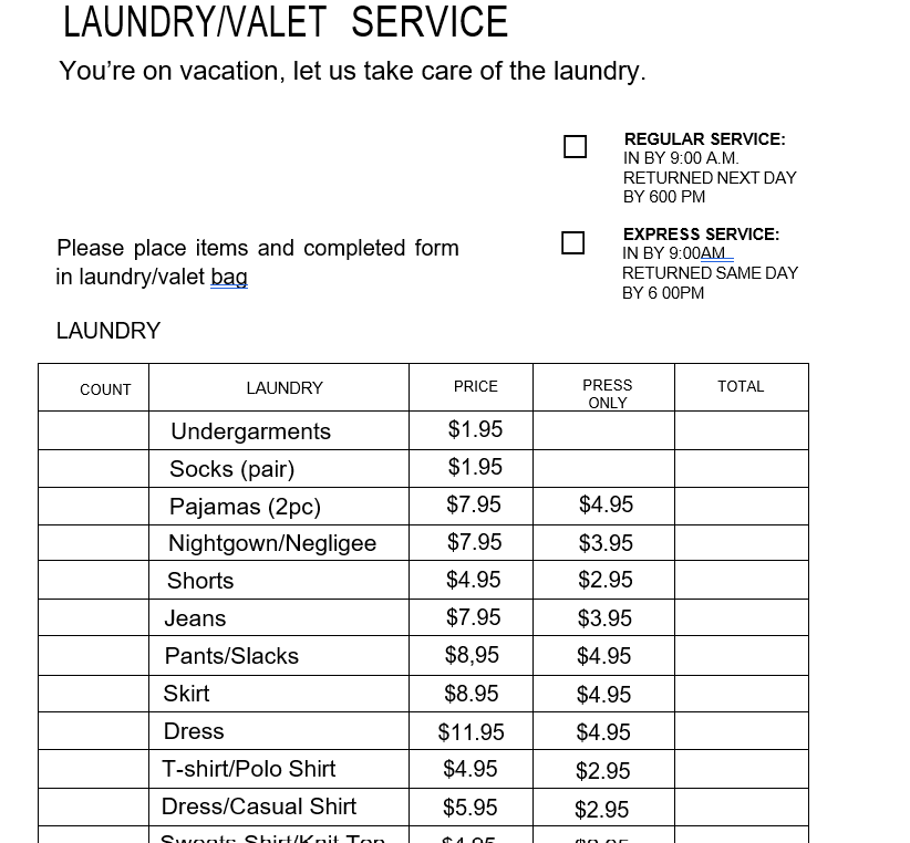 Printable Laundry Pricing List for Pride of America in 2024
