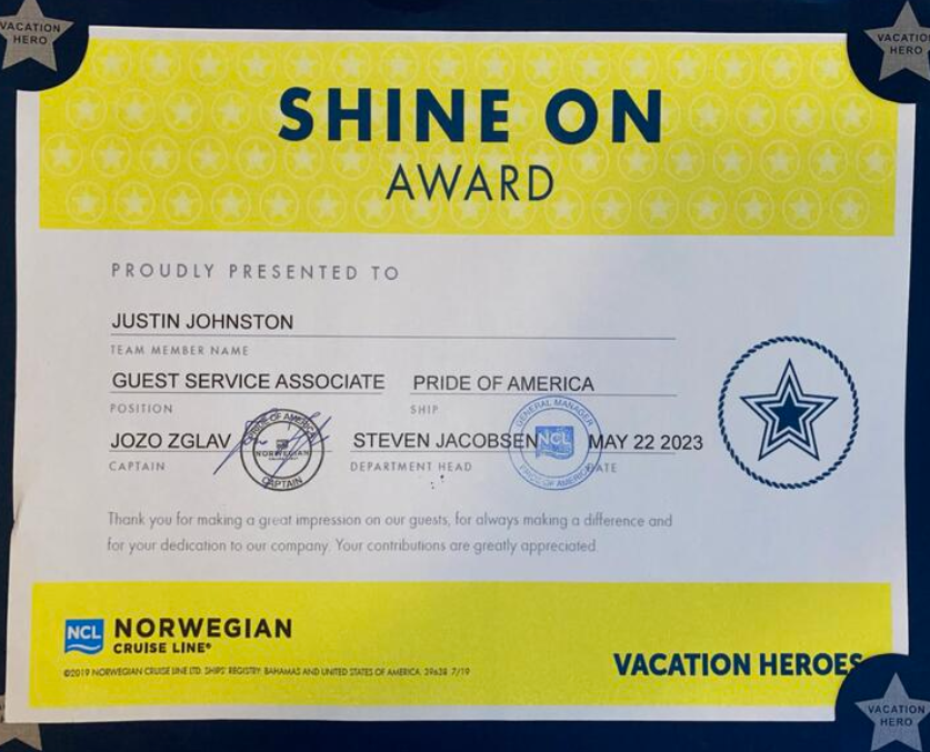 Cruise award Shine on Certificate