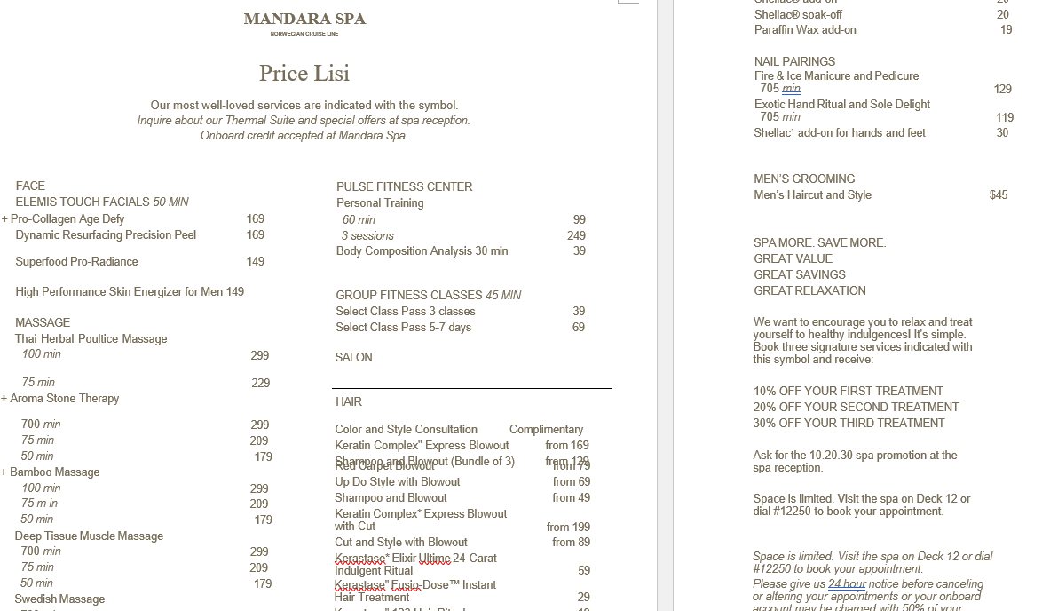 Printable Mandara Spa Price List for Pride of America in 2024