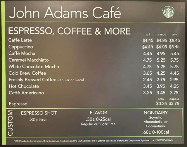 Starbucks Prices at John Adams Bar on Pride of America