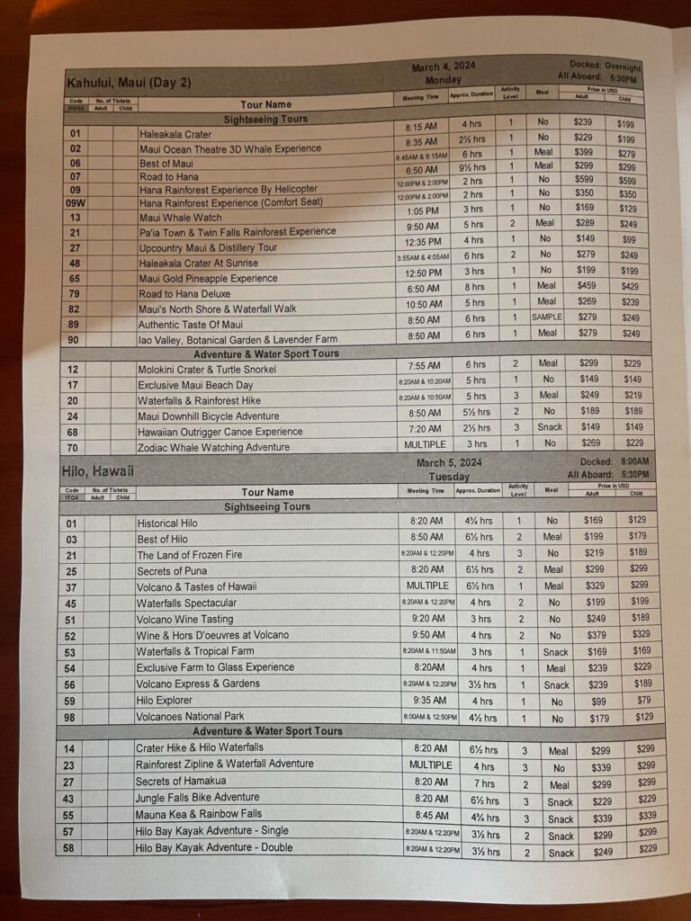 NCL price sheet and descriptions for 2024 Maui Day 2
