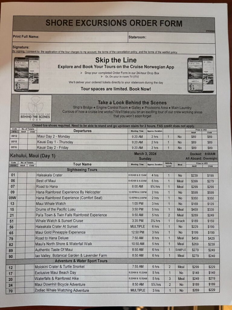 NCL price sheet and descriptions for 2024 Maui 1