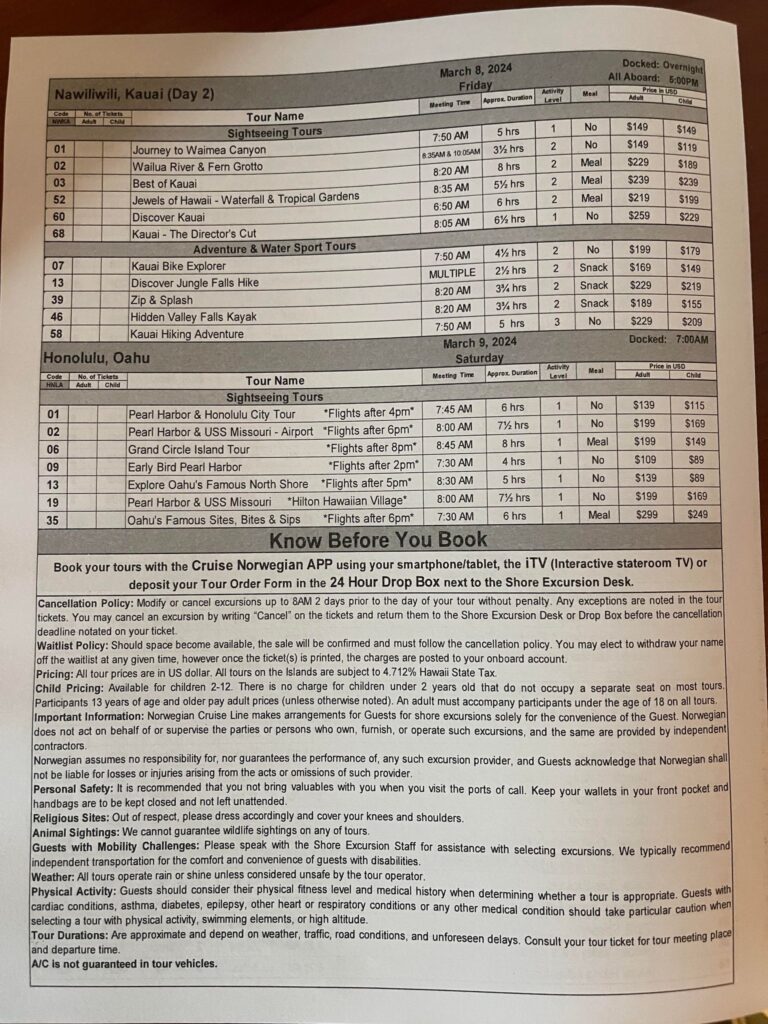 Kauai NCL Excursions Pricing two